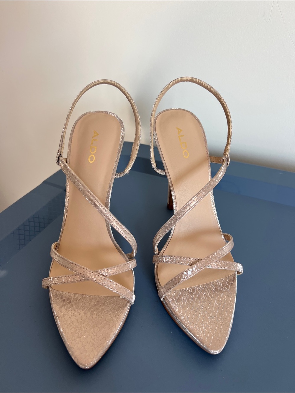 Aldo resurge shimmer stiletto open toe sandals heels strappy mock snake design 7 - Picture 5 of 10